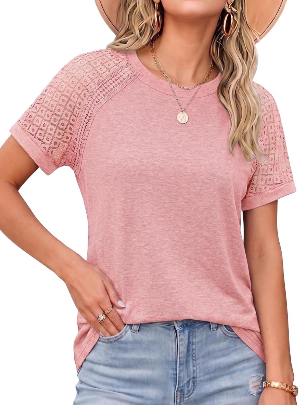 TOTATUIT Pink Short Sleeve Lace Top Round Neck Summer Casual Blouse Top XL